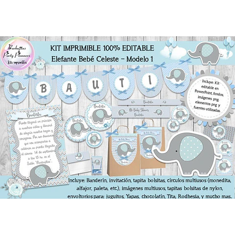 Kit Imprimible Elefante Bebé Celeste Mod.1 100% Editable