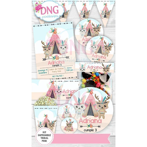 Kit Imprimible Invitaciones Candy Bar Png / Tribal Rosa