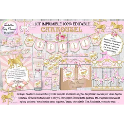 Kit Imprimible Candy Bar Carrousel Rosa Dorado 100% Editable