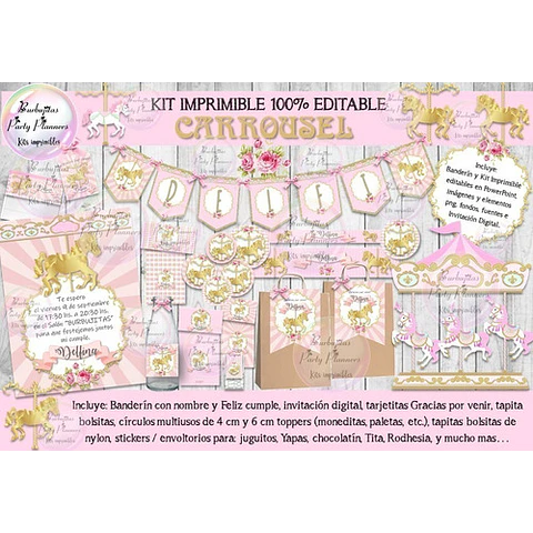 Kit Imprimible Candy Bar Carrousel Rosa Dorado 100% Editable