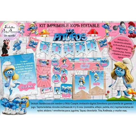 Kit Imprimible Candy Bar Los Pitufos Pitufina 100% Editable