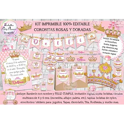 Kit Imprimible Coronitas Rosas Y Doradas 100% Editable