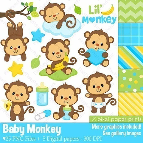 Kit Imprimible Baby Monkey Boy - 25 Png / 5 Fondos