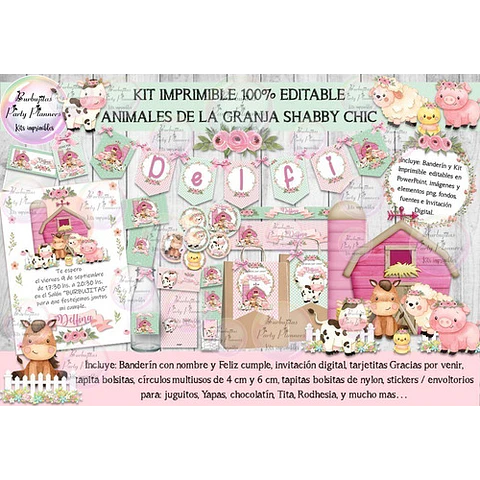 Kit Imprimible Animales De La Granja Shabby  100% Editable