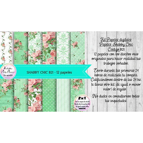 Papeles Digitales Shabby Chic Verde Aguamarino Y Rosa B21