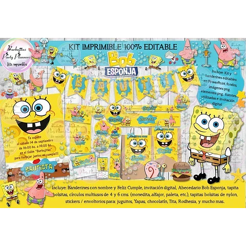 Kit Imprimible Candy Bar Bob Esponja 100% Editable