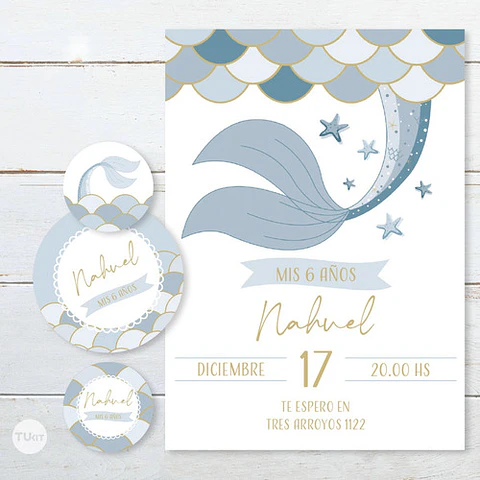 Kit Imprimible Sirenas Escamas Mermaid Celeste Azul Tukit