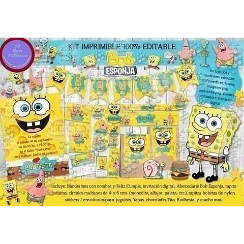 Kit Imprimible Bob Esponja Cumpleaños, Fiesta Candy Bar