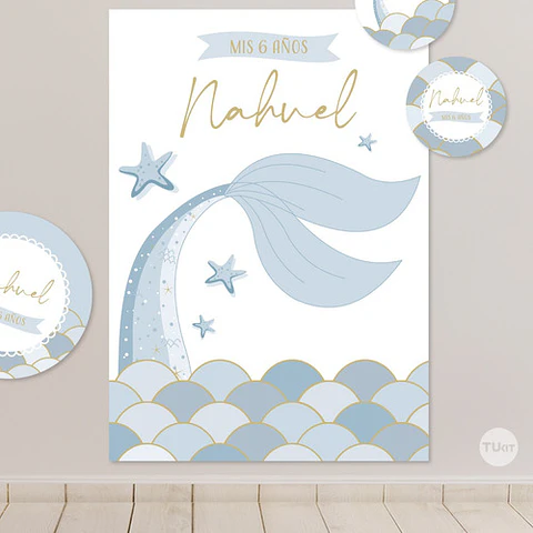 Kit Imprimible Sirenas Escamas Mermaid Celeste Azul Tukit