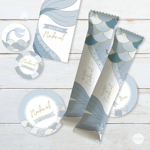 Kit Imprimible Sirenas Escamas Mermaid Celeste Azul Tukit