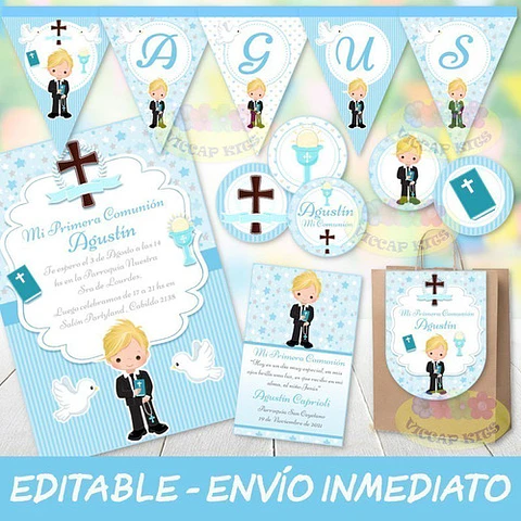 Kit Imprimible Comunión Nene Celeste 100% Editable Candy Bar