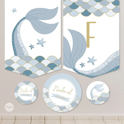 Kit Imprimible Sirenas Escamas Mermaid Celeste Azul Tukit