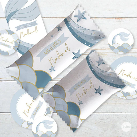 Kit Imprimible Sirenas Escamas Mermaid Celeste Azul Tukit