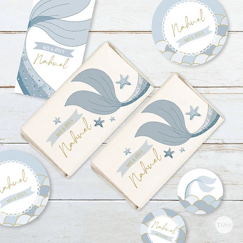 Kit Imprimible Sirenas Escamas Mermaid Celeste Azul Tukit
