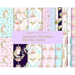 Kit Imprimible Fondos Clipart - Unicornios Magicos