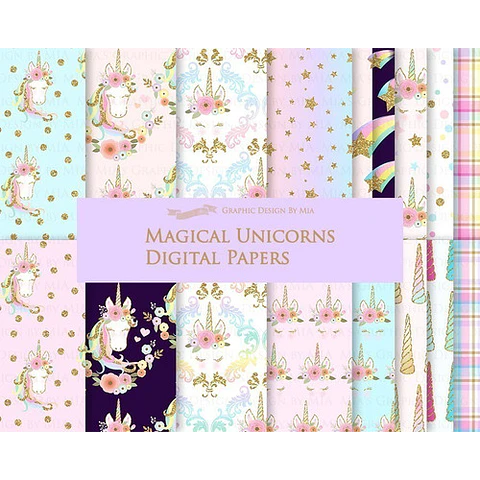 Kit Imprimible Fondos Clipart - Unicornios Magicos