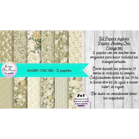 Papeles Digitales Shabby Chic Vintage Champagne Verde B82