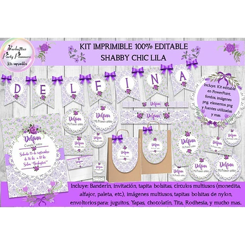 Kit Imprimible Candy Bar Shabby Chic Lila100% Editable