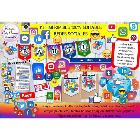Kit Imprimible Candy Bar Redes Sociales 100% Editable