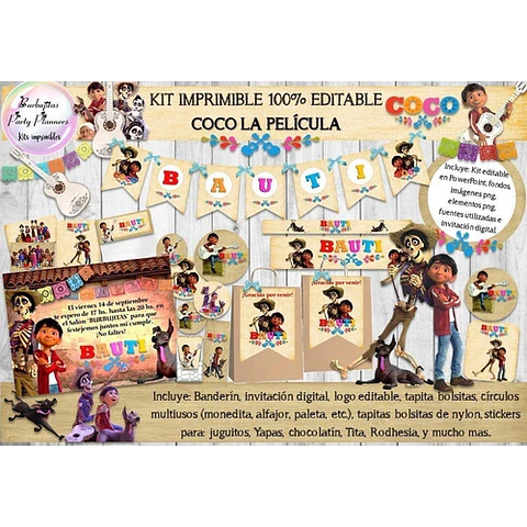 Kit Imprimible Candy Bar Coco 100% Editable
