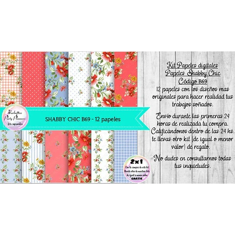 Papeles Digitales Shabby Chic Vintage Rojo Y Celeste B69