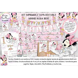 Kit Imprimible Candy Bar Minnie Bebe Rosa 100% Editable