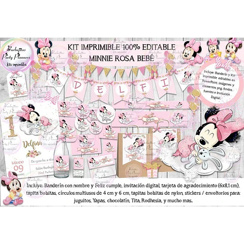 Kit Imprimible Candy Bar Minnie Bebe Rosa 100% Editable