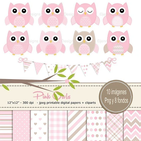 Kit Imprimible  Búhos Nenas 10 Clipart - 8 Fondos