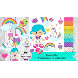 Cliparts Y Papeles Arco Iris Niña Unicornio  Kit Imprimible