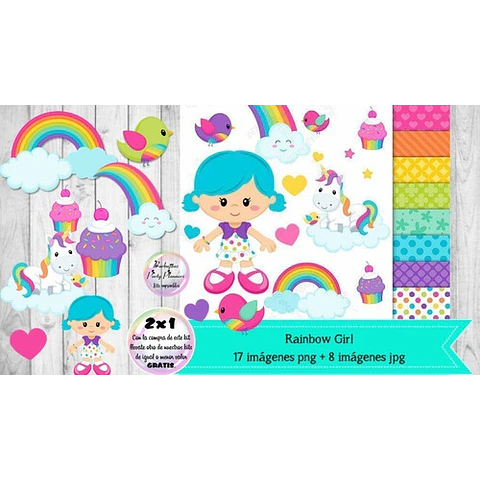 Cliparts Y Papeles Arco Iris Niña Unicornio  Kit Imprimible