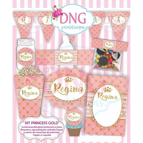 Kit Imprimible Invitaciones Candy Bar Png / Princesa Dorada