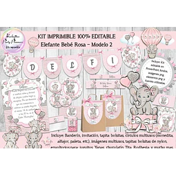 Kit Imprimible Elefante Bebé Rosa Mod.2 100% Editable