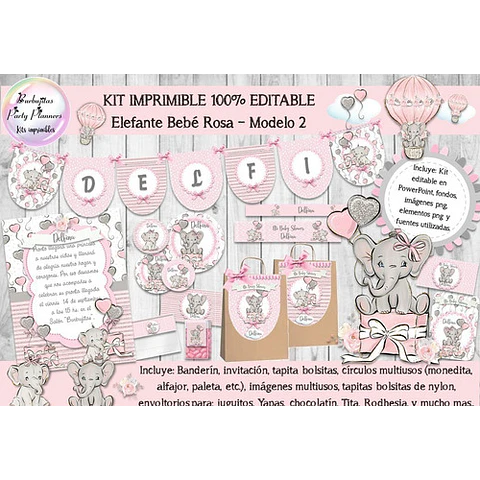 Kit Imprimible Elefante Bebé Rosa Mod.2 100% Editable