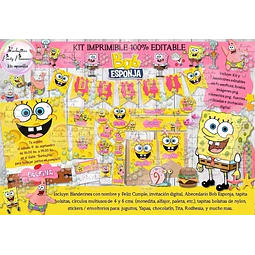 Kit Imprimible Candy Bar Bob Esponja Rosa 100% Editable