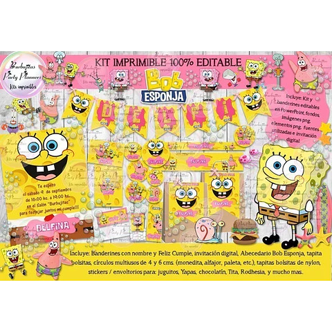 Kit Imprimible Candy Bar Bob Esponja Rosa 100% Editable