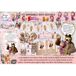 Kit Imprimible Candy Bar Masha Y El Oso Shabby 100% Editable