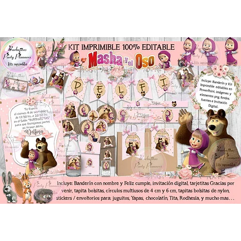 Kit Imprimible Candy Bar Masha Y El Oso Shabby 100% Editable