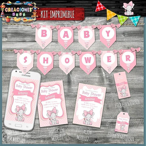 Kit Imprimible Candy Bar Baby Shower Elefante Bebe Nena Full