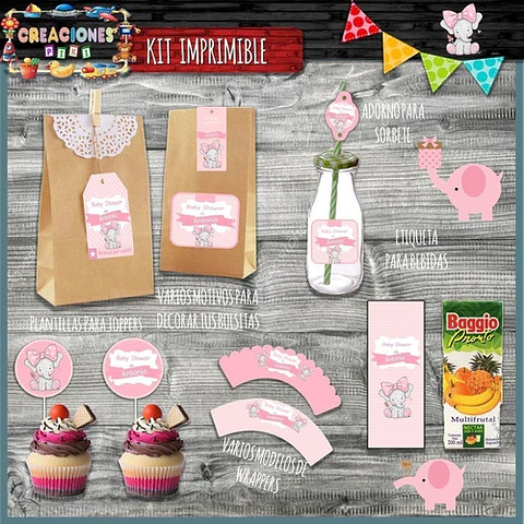 Kit Imprimible Candy Bar Baby Shower Elefante Bebe Nena Full