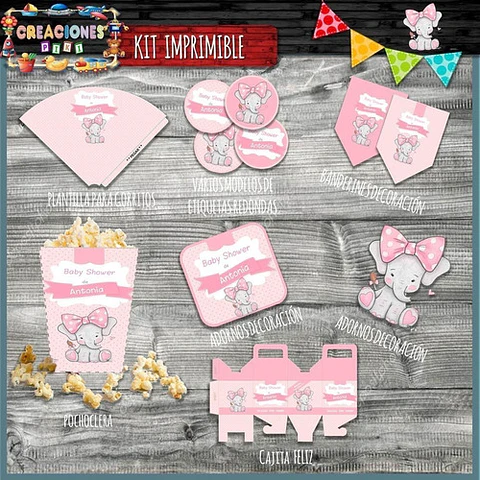 Kit Imprimible Candy Bar Baby Shower Elefante Bebe Nena Full