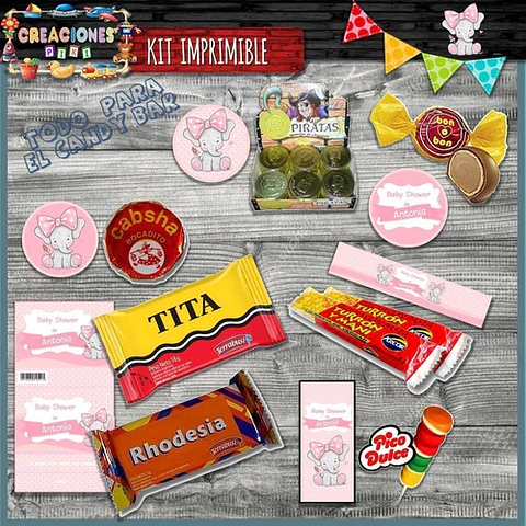 Kit Imprimible Candy Bar Baby Shower Elefante Bebe Nena Full