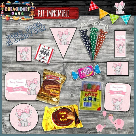 Kit Imprimible Candy Bar Baby Shower Elefante Bebe Nena Full