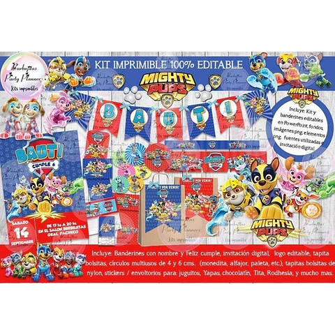 Kit Imprimible Paw Patrol Mighty Pups Patrulla 100% Editable
