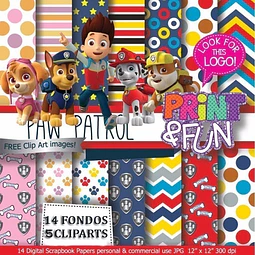 Kit Imprimible Paw Patrol - 5 Clipart - 14 Fondos