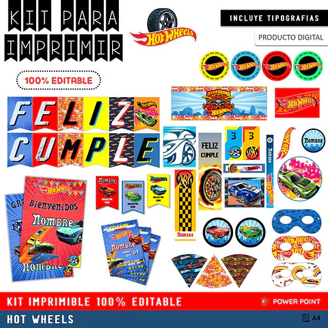 Kit Imprimible Cumple + Candy Editable - Hot Wheels