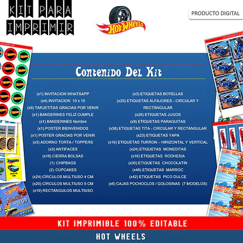 Kit Imprimible Cumple + Candy Editable - Hot Wheels