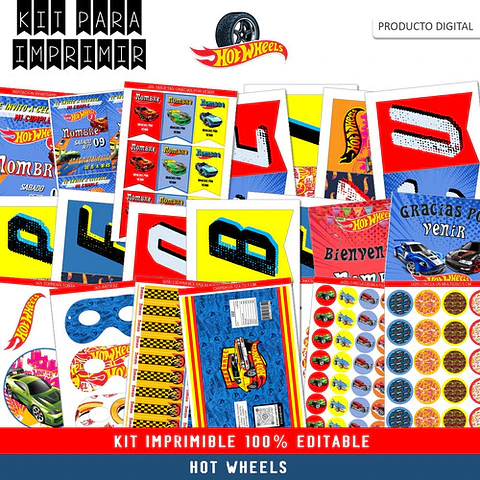 Kit Imprimible Cumple + Candy Editable - Hot Wheels
