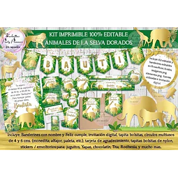 Kit Imprimible Animales De La Selva Dorados 100% Editable