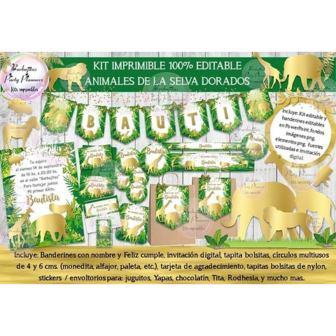 Kit Imprimible Animales De La Selva Dorados 100% Editable