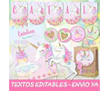 Kit Imprimible Unicornio Glitter Cupcake Textos Editables